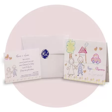 Partecipazione di matrimonio con disegno da bambino di sposi Ferdinando Fam - 1