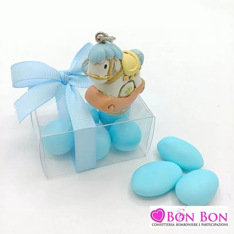 Bomboniera nascita e battesimo in offerta portachiavi cavalluccio celeste con scatolina - 1