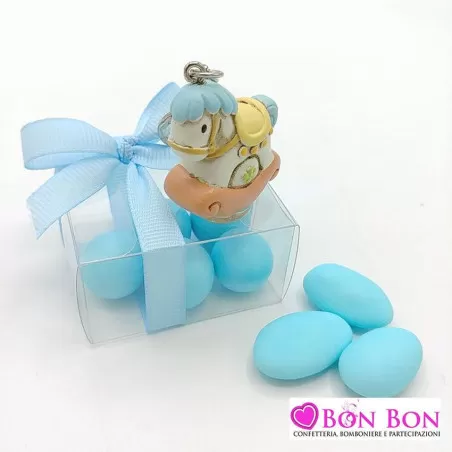 Bomboniera nascita e battesimo in offerta portachiavi cavalluccio celeste con scatolina - 1