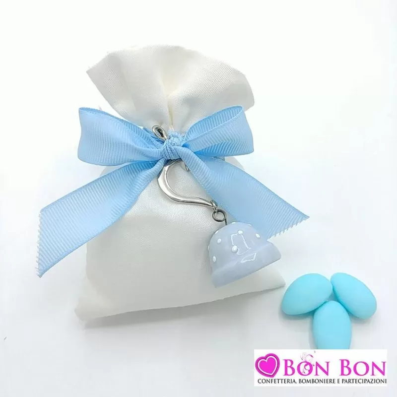 Sacchetto Nascita e Battesimo con campanella portachiavi pois celeste Star Import Italia - 1
