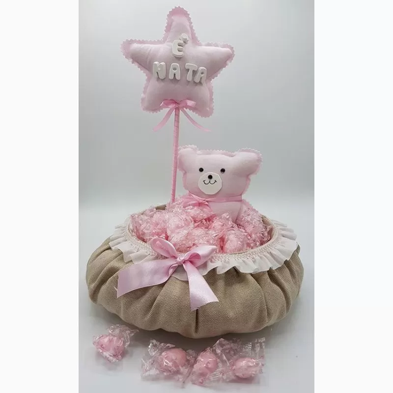 Cestino con orsetto rosa fondo tortora con monoconfetti - 1