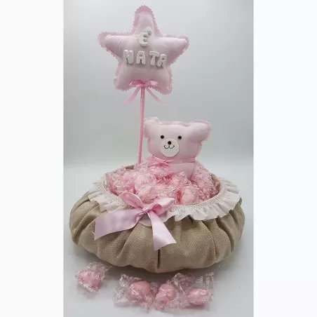 Cestino con orsetto rosa fondo tortora con monoconfetti - 1
