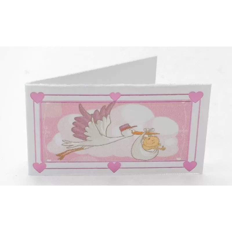 Confezione 20 bigliettini per nascita e battesimo con cicogna rosa - 1