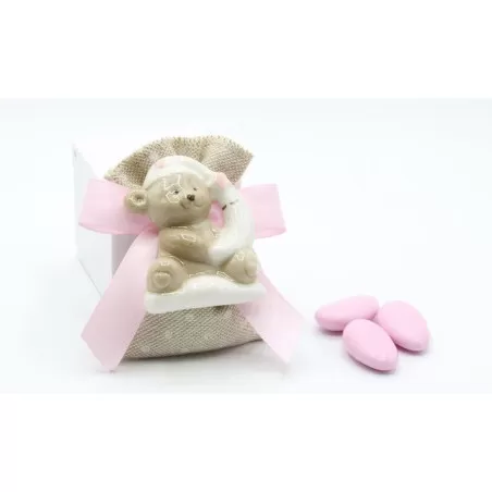 Sacchetto tela mare nascita e battesimo con orsetto rosa - 1