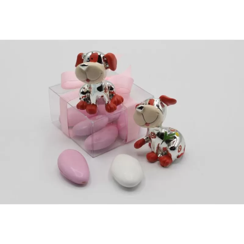 Bomboniera Outlet Nascita e Battesimo cagnolino smaltato argento e corallo - 1