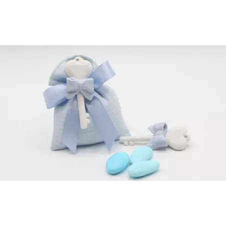 Bomboniera Nascita e Battesimo chiave a cuore bianca e fiocco celeste Infinito - 1