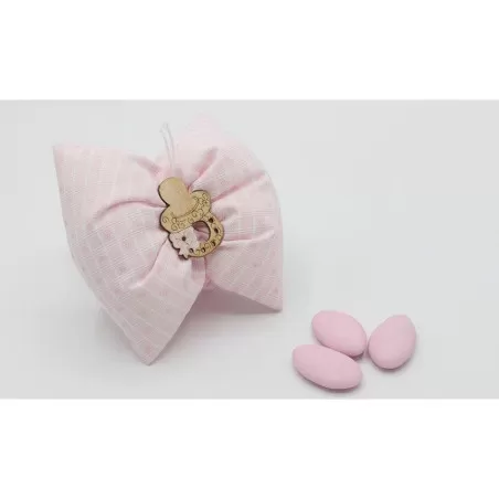 Sacchettino fiocco rosa con applicazione in legno - 1
