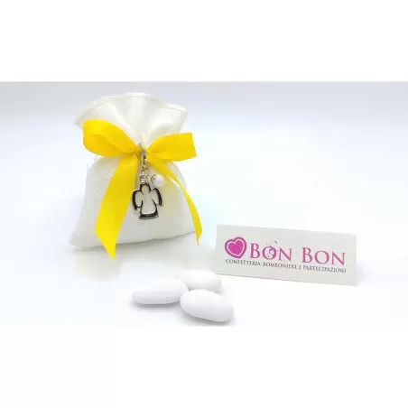 Sacchetto prima comunione busta lino panna con ciondolo angelo - 1