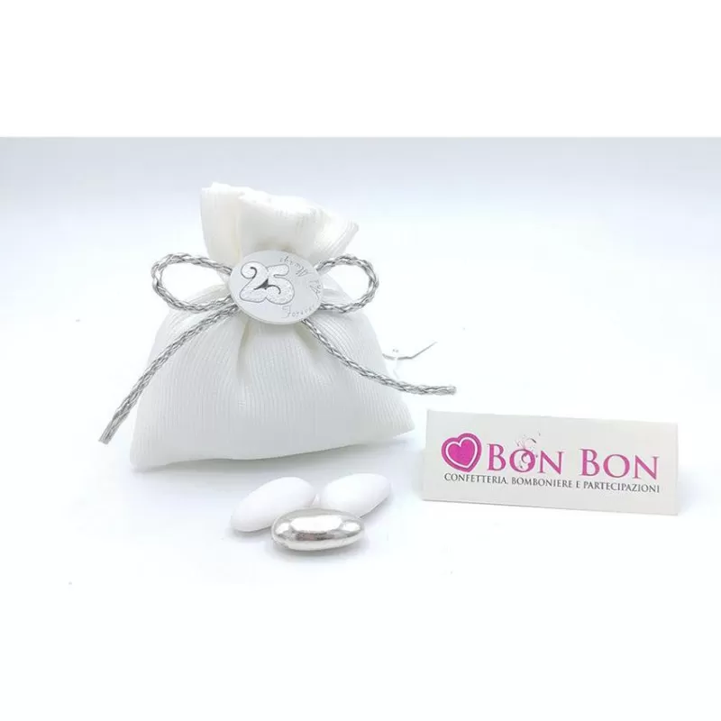 Sacchetto nozze d´argento porta confetti busta rigatino panna con applicazione 25 - 1