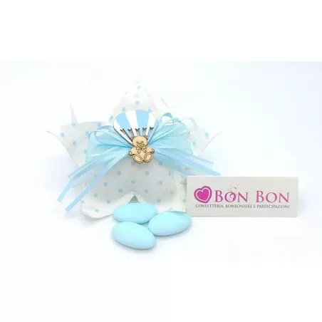 Sacchetto nascita e battesimo sacchetto a stella bimbo con applicazione mongolfiera e orsetto in legno - 1