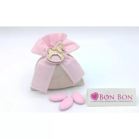 Sacchetto nascita e battesimo sacchetto con fiocco rosa con applicazione cavallo - 1