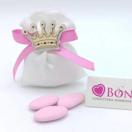 Sacchetto nascita e battesimo sacchetto raso vallè panna con fiocco rosa e applicazione corona legno - 1