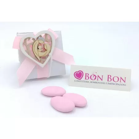 Sacchetto nascita e battesimo scatolina bianca con applicazione sacra famiglia cuore legno - 1