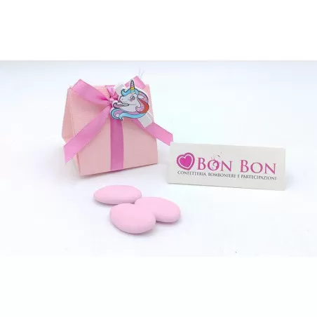 Sacchetto nascita e battesimo scatolina rosa con applicazione mollettina unicorno legno - 1