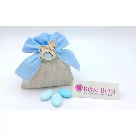 Sacchetto nascita e battesimo sacchetto con fiocco celeste e applicazione cavallo - 1