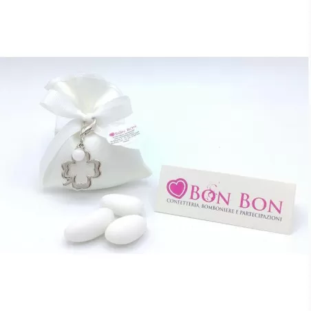 Sacchetto matrimonio sacchetto raso bianco con ciondolo quadrifoglio - 1