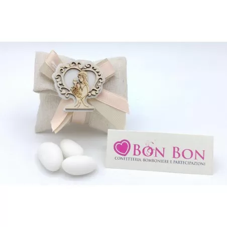 Sacchetto prima comunione busta lettera con applicazione albero donna legno - 1