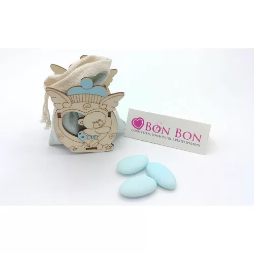 Astucci e portaconfetti nascita e battesimo scatolina in legno celeste con orsetto - 1