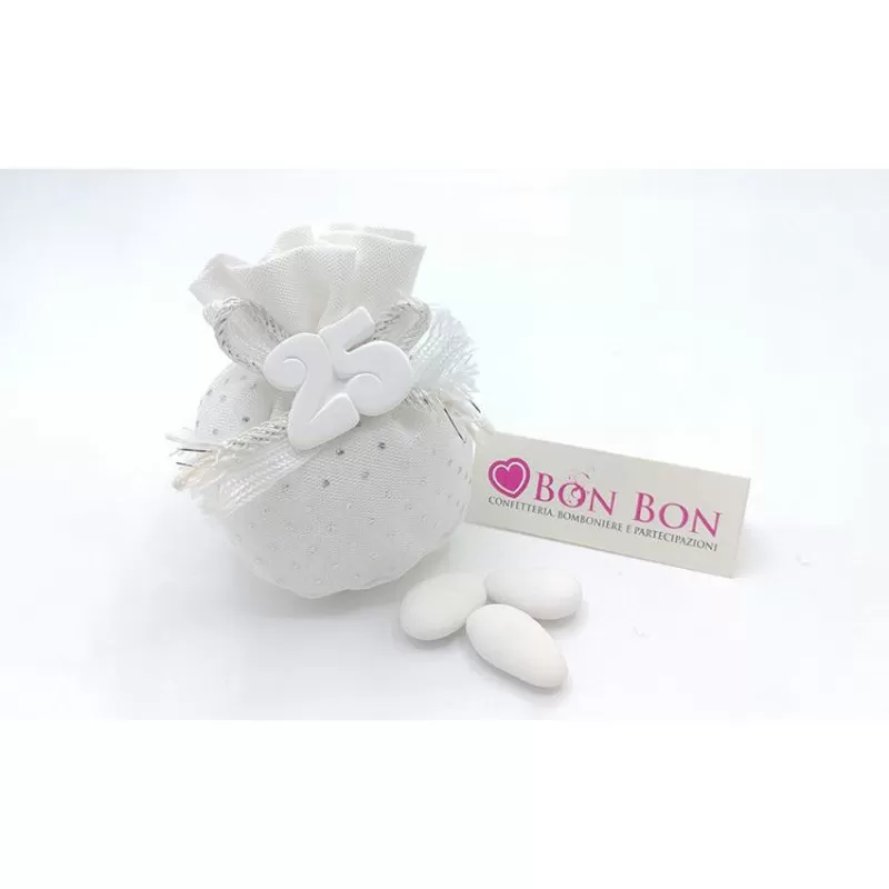 Anniversari Sacchetti Nozze d'Argento sacchetto pois con applicazione 25 gesso C2126 - 1