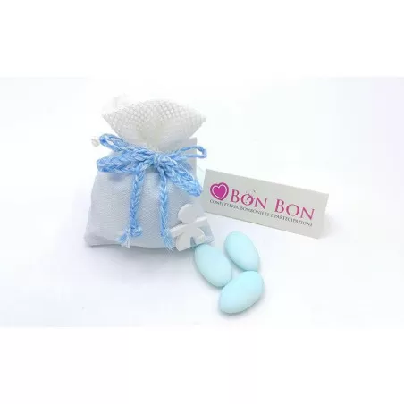 Sacchetto nascita e battesimo sacchetto con fiocco celeste e applicazione bimbo - 1