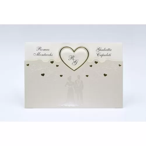 Partecipazione matrimonio E053 con coppia sposi e cuori dorata Alessia Partecipazioni - 1