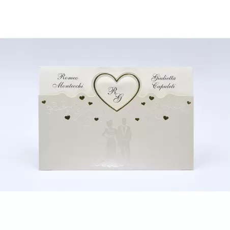 Partecipazione matrimonio E053 con coppia sposi e cuori dorata Alessia Partecipazioni - 1