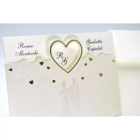 Partecipazione matrimonio E053 con coppia sposi e cuori dorata Alessia Partecipazioni - 2