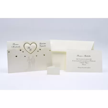 Partecipazione matrimonio E053 con coppia sposi e cuori dorata Alessia Partecipazioni - 3