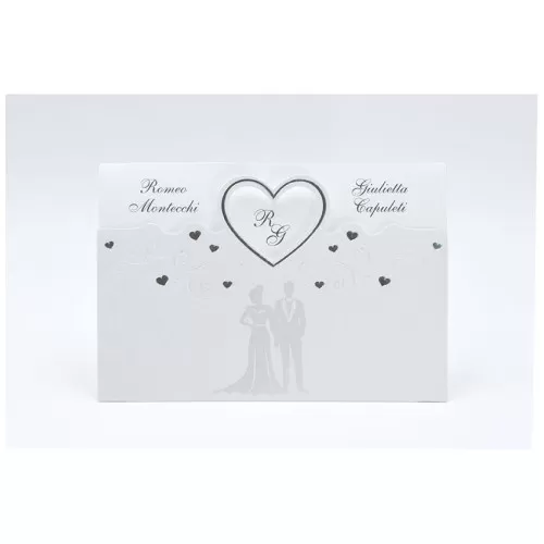 Partecipazione matrimonio E052 con coppia sposi e cuori argentata Alessia Partecipazioni - 1