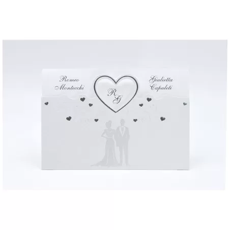 Partecipazione matrimonio E052 con coppia sposi e cuori argentata Alessia Partecipazioni - 1