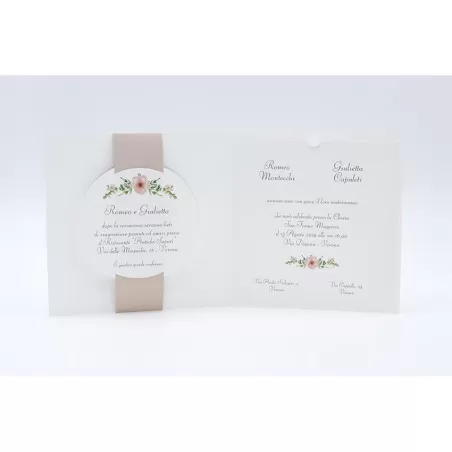 Partecipazione matrimonio E044 con disegno fiori e fascia cipria Alessia Partecipazioni - 4