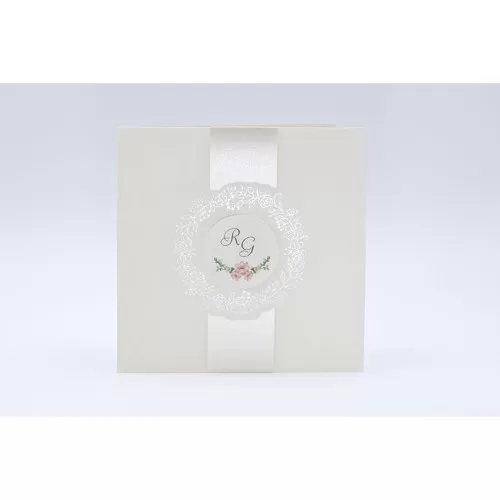 Partecipazione matrimonio E045 con disegno fiori e fascia dorata Alessia Partecipazioni - 1