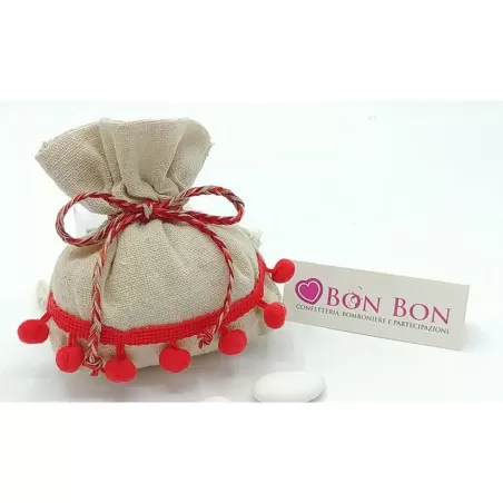 Sacchetto tema siciliano busta rettangolare beige con pon pon rossi - 1