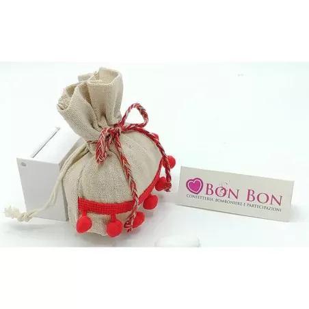 Sacchetto tema siciliano busta rettangolare beige con pon pon rossi - 2