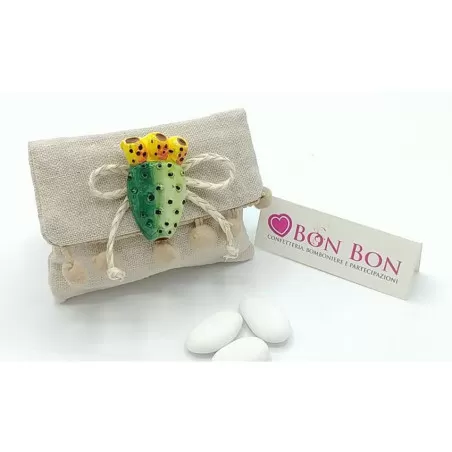 Sacchetto tema siciliano busta lettera juta pon pon beige con magnete pala fico d´india - 1