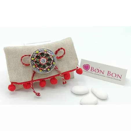 Sacchetto tema siciliano busta lettera juta pon pon rossi con magnete ruota - 1