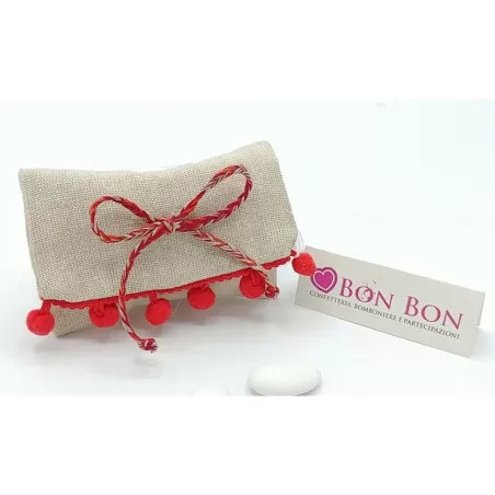 Sacchetto tema siciliano busta lettera juta beige con pon pon rossi - 1