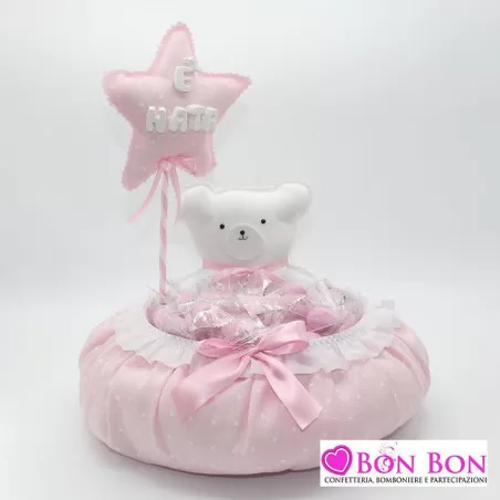 Cestino con orsetto rosa fondo rosa con monoconfetti - 1