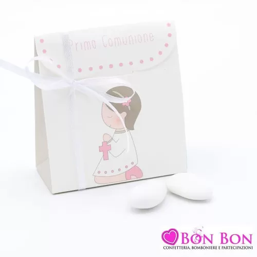 Scatolina porta confetti prima comunione bimba che prega rosa Cupido - 1