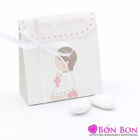 Scatolina porta confetti prima comunione bimba che prega rosa Cupido - 1