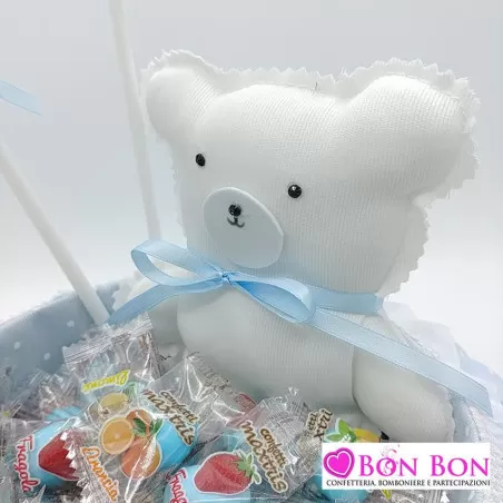 Cestino con orsetto celeste con cuori con monoconfetti - 2