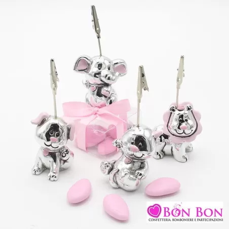 Bomboniera nascita e battesimo in offerta portamemo animale argentato rosa - 1