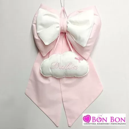 Fiocco nascita rosa con nome ricamato su nuvola - 1