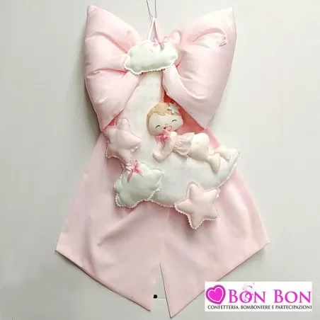 Fiocco nascita rosa con bimba su luna - 1
