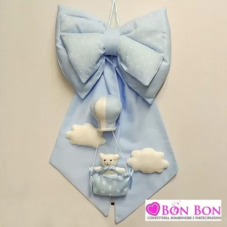 Fiocco nascita celeste orsetto su mongolfiera - 1