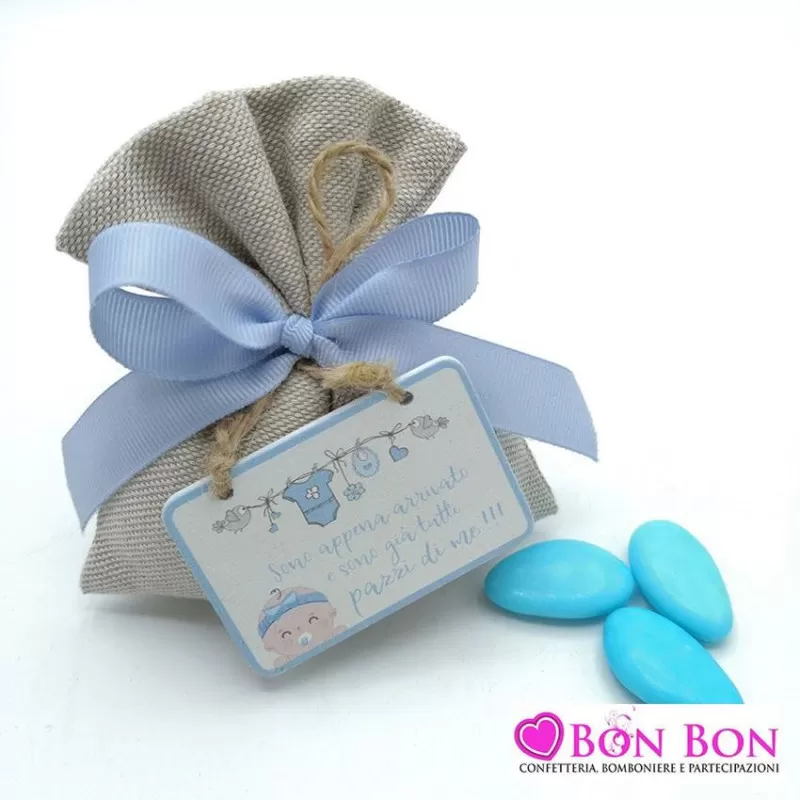 Sacchetto nascita e battesimo tela mare con targhetta bimbo - 1