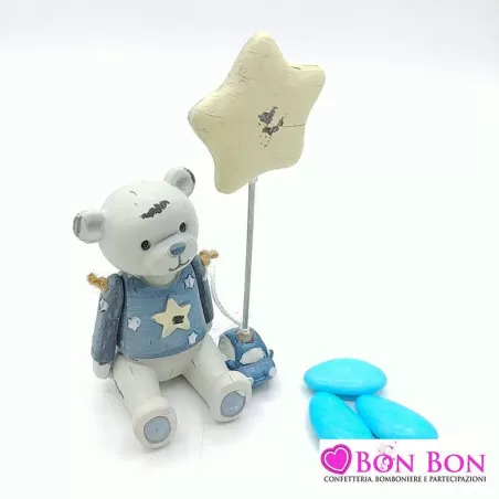 Bomboniera nascita e battesimo in offerta clip orsetto celeste con maglia - 1