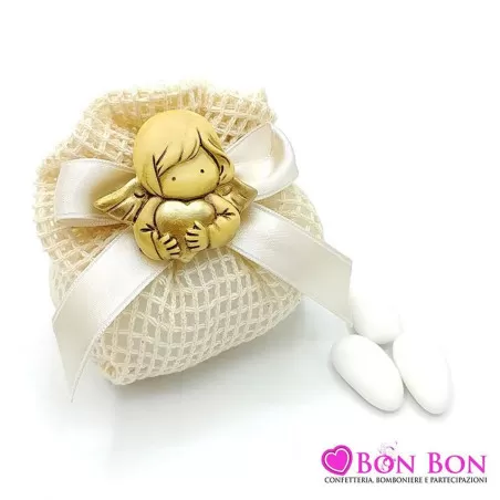 Sacchetto prima comunione fagotto rete panna con magnete angelo - 1