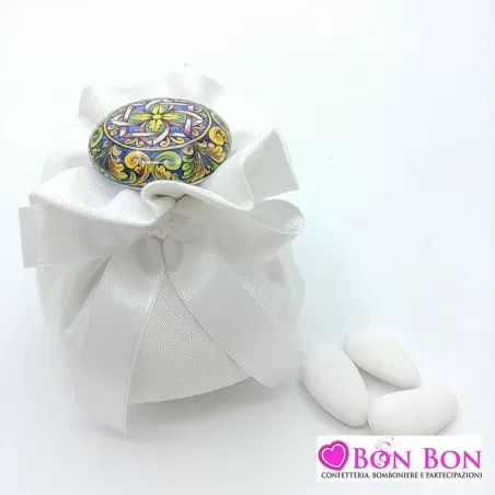 Sacchetto tema siciliano fagotto lino panna con tappo ceramica caltagirone - 1