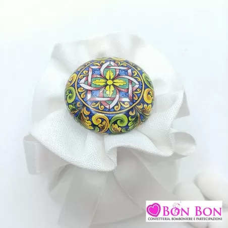 Sacchetto tema siciliano fagotto lino panna con tappo ceramica caltagirone - 3